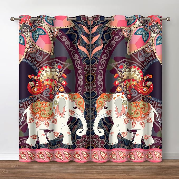 Jekeno Boho Elephant Blackout Curtains Bohemian Animal Peacock Mandala Flower Pattern Print Decor Bedroom Living Room Darkening Grommet Window Drapes 2 Panels Set, 52" x 84"