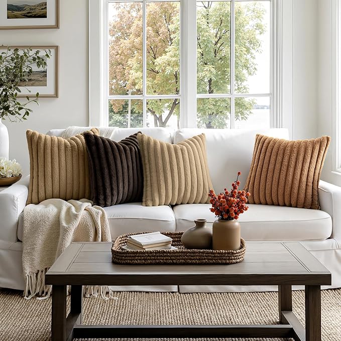 MIULEE Faux Fur Plush Decorative Throw Pillow Covers 20x20 Set of 4, Boho Fall Farmhouse Soft Fuzzy Striped Cushion Covers for Sofa Couch Bed Living Room Vintage Rustic Home Decor,Dark Brown