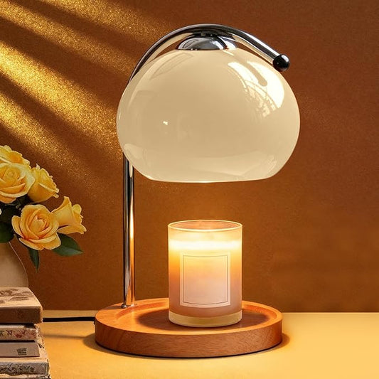 Topyond Aroma Wax Melting Lamp Retro Wood Storage Tray Glass Candle Warmer Desk Lamp, Bedroom Bedside Ambient Table Lamp Home Decor US Plug for Valentine's Day (Beige)