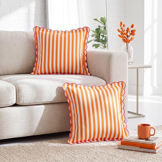 Newwiee 2 Pack Scalloped Pillow Cover 18 x 18 Inch Orange Powder Stripe Throw Pillow Cover Cotton Decorative Pillowcase for Women Men Couch Living Room Cushion Indoor Outdoor Decoration