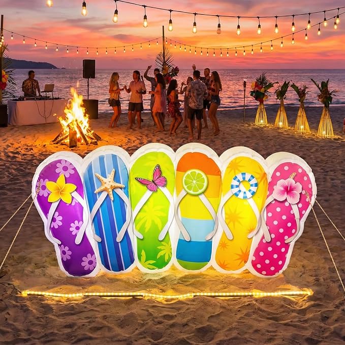 VIHOSE 5 FT Summer Inflatable Flip Flop Blow Up Slipper with Built in LED Lights Oversized Party Decoration for Pool Beach Lawn Yard Hawaiian Luau Tropical