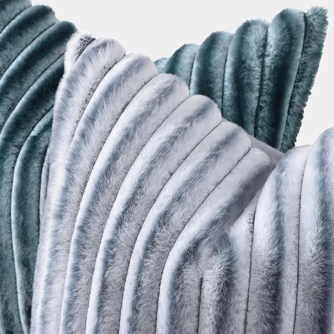 decorUhome Fall Cozy Faux Fur Throw Pillow Covers 18x18 Set of 2 Decorative Soft Plush Striped Modern Farmhouse Boho Couch Pillow Cases with Velvet Back for Sofa Bed Living Room, Grey White