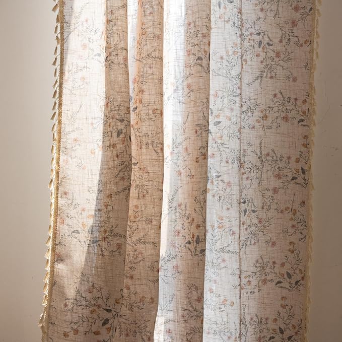 OYX Boho Floral Curtains 84 Inch, Farmhouse Wildflower Drapes with Tassels, Linen Textured Light Filtering Semi Sheer Curtains for Living Room Bedroom, 2 Panels, Rod Pocket, 52Wx84L