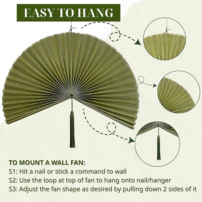 ChumDecor Fan Wall Decor, Japanese Giant Fan, Large Bamboo Fan Wall Art for Boho Hanging Headboard, Decorative Folding Fans for Over Bed, Asia Trending (Army Green 48inch)