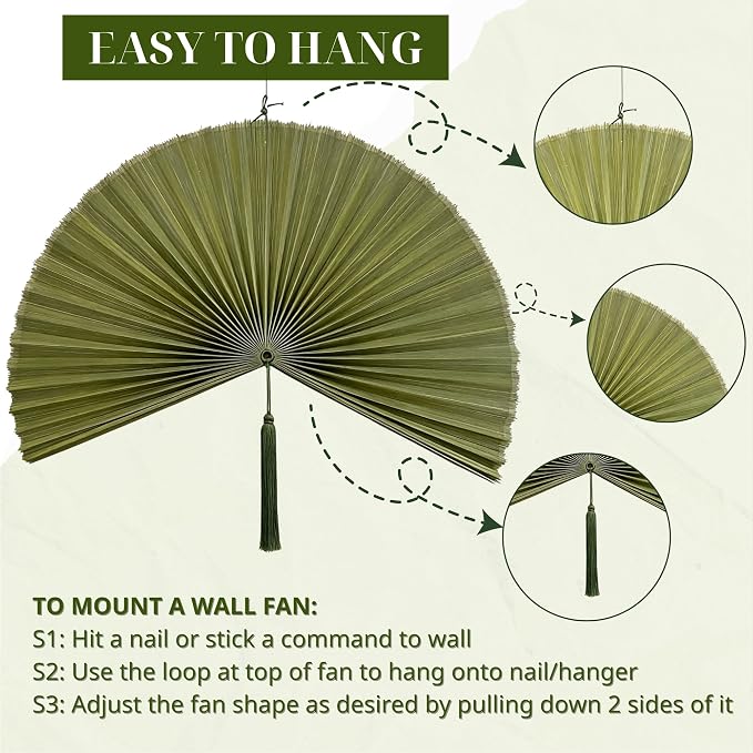 ChumDecor Fan Wall Decor, Japanese Giant Fan, Large Bamboo Fan Wall Art For Boho Hanging Headboard, Decorative Folding Fans For Over Bed, Asia Trending (Army Green 60inch)