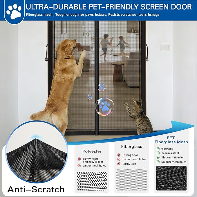 Magnetic Screen Door Fits 36x80 Inch Front Doors Heavy Duty Fiberglass Mesh,36 Magnets Auto Close,No Tools Installation,Keeps Bugs Out Lets Breeze in,Pet Kid Friendly with Storage Bag,Regular