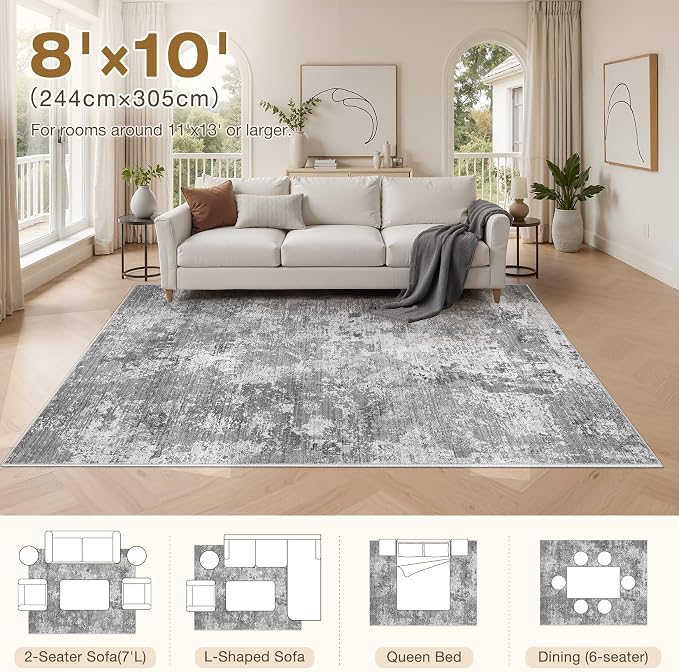Area Rugs 8x10 Living Room: Washable Large Abstract Modern Neutral Soft Rug Stain Resistant Non-Slip Backing Carpet for Bedroom Dining Room Indoor Nursery Dorm Home Office Decor - Light Grey