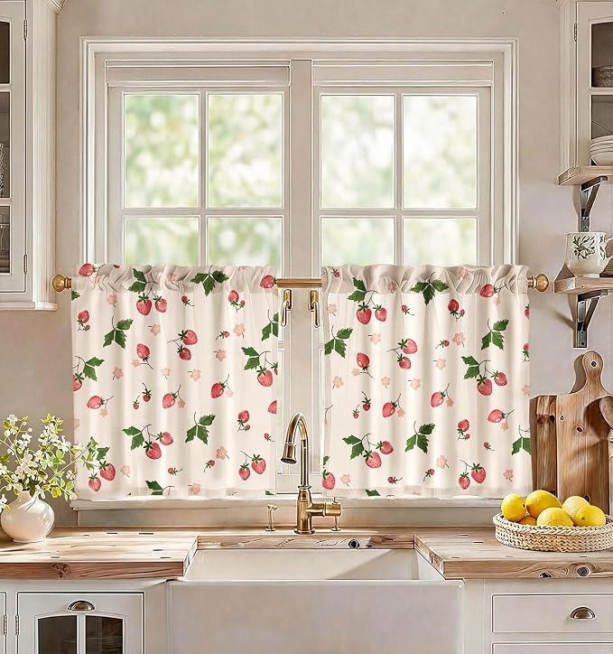 Miss Adola Farmhouse Kitchen Tier Curtains - 24 Inch Length Linen Blend Country Cafe Curtains Strawberry Small Window Treatments Over Sink Rod Pocket for Bathroom Living Room Light Filtering, 2 Panels