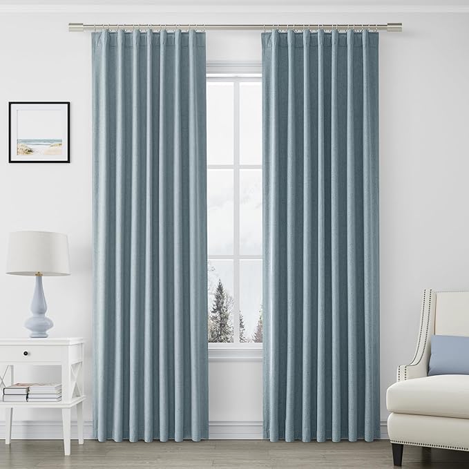 Joywell 100% Blackout Linen Curtains 96 Inches Long for Boys Bedroom Black Out Curtain Room Darkening Drapes for Sliding Glass Door Window Rod Pocket Back Tab 2 Panels Set,52 x 96,Blue