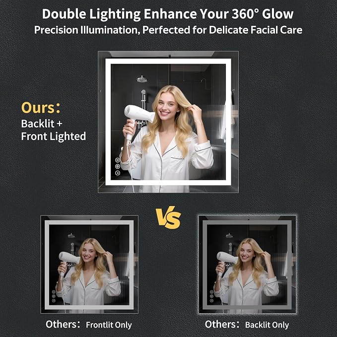 40"x40" LED Bathroom Mirror with Lights, Backlit + Front Lit with CRI>90, Lighted Mirror for Bathroom, Anti-Fog, Dimmable Brightness, 3 Colors, Memory Function, Shatterproof Tempered Glass