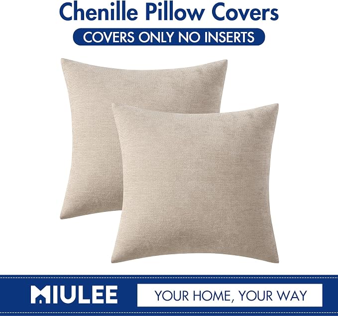 MIULEE Pack of 2 Beige Decorative Pillow Covers 20x20 Inch | Soft Chenille Couch Throw Pillows Farmhouse Cushion Covers for Home Decor Sofa Bedroom Living Room