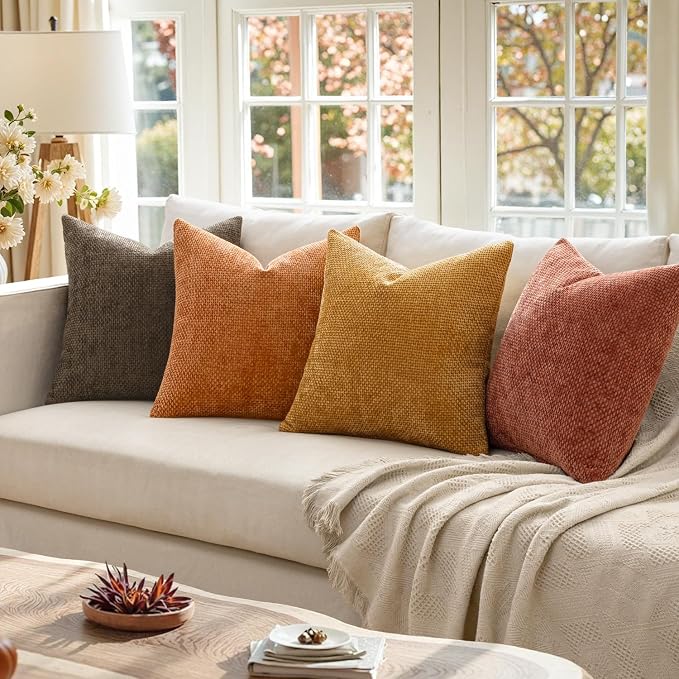 MIULEE Pack of 4 Orange/Yellow Couch Throw Pillow Covers 20x20 Inch Halloween Soft Decorative Chenille Pillows Farmhouse Accent Cushions for Boho Fall Home Decor Sofa Bedroom Living Room