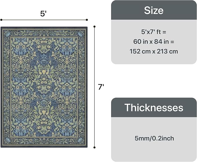GENIMO 5x7 Washable Area Rugs for Living Room, Non Slip, Dark Blue | Vintage Boho Floral Low Pile Thin Carpet for Bedroom, Dining Room, Nursery, Indoor Decor