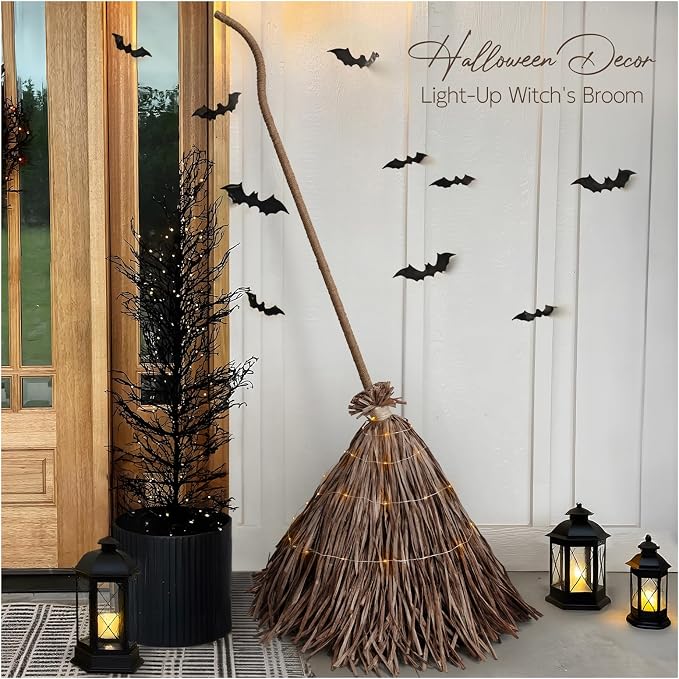 Halloween Decorations - Fall Decor for Home - 5.5 Ft Giant Light-Up Witches Broom - Rustic Farmhouse Decoration for Indoor Outdoor Front Door Porch