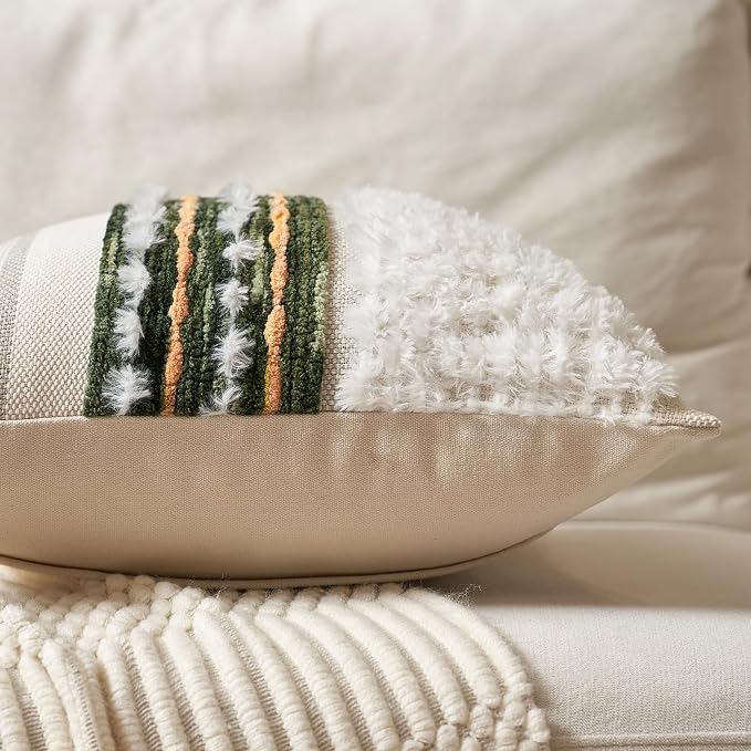 Aeckself Boho Chenille Tufted Throw Pillow Covers 18x18 Inch Set of 2, Farmhouse Decorative Striped Square Pillow Covers Accent Neutral Pillowcase for Living Room Couch Bed, Green