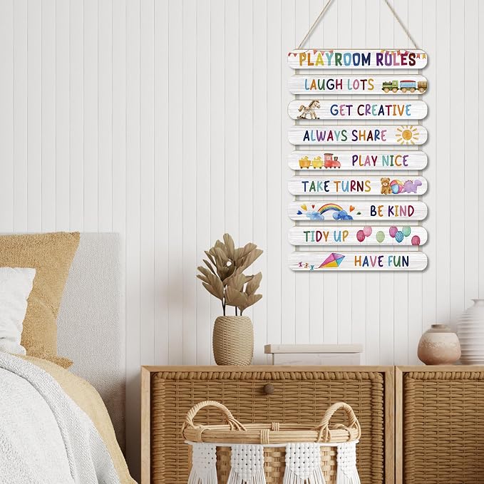 MONALET Playroom Rules Wall Decor for Classroom Nursery Kids Room Bedroom, Be Kind Have Fun Hanging Wooden Signs Door Decorations, Inspirational Positive Affirmations Wall Art Wood Plaque 9Pcs 12x19