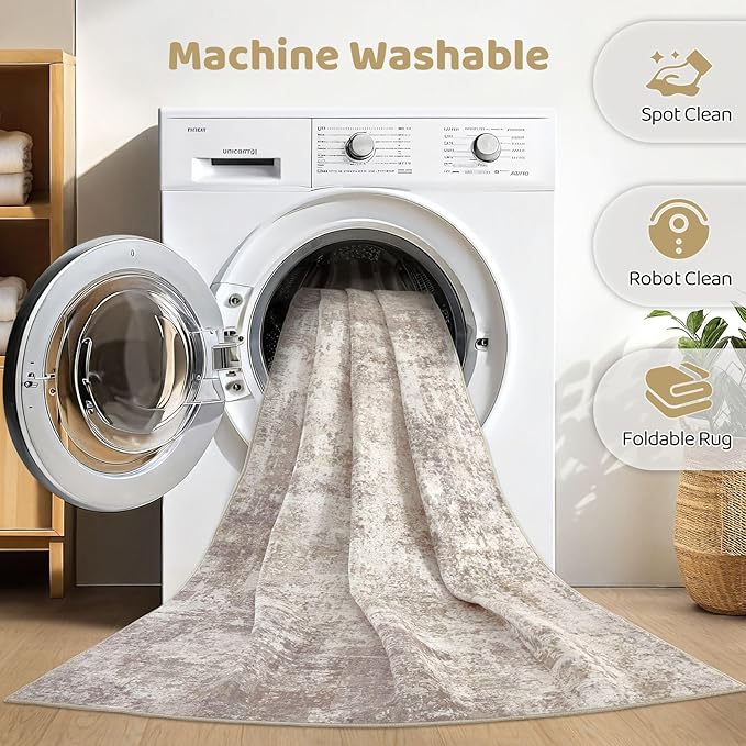 Runner Rug Kitchen Washable Rugs: 2x10 Non-Slip Abstract Soft Modern Stain Resistant Indoor Floor Neutral Accent Throw Carpet for Hallway Bathroom Laundry Room Entryway Bedroom- Beige Brown