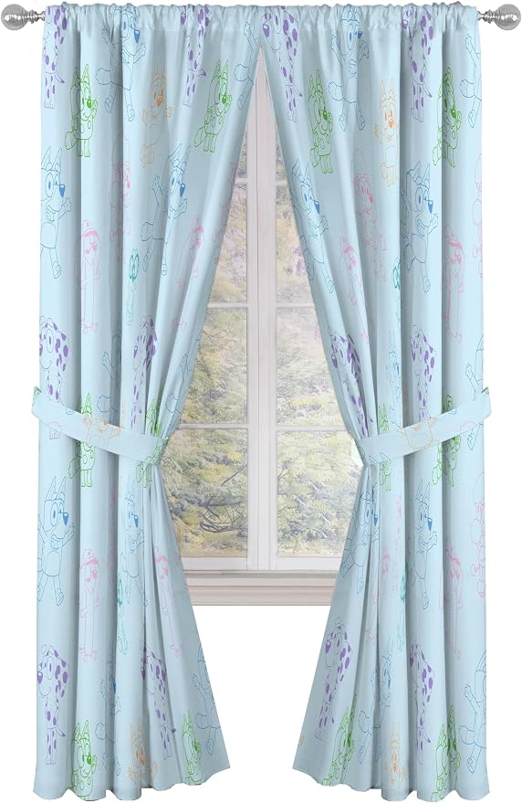 Jay Franco Window Curtains for Kids Bedroom 4-Piece Drape Set with 2 Tiebacks, Blue - Bluey, 42" W x 84" L (Pack of 2)