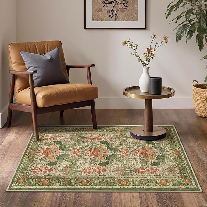 Bavni 3x5 Area Rugs, Floral Machine Washable Rugs for Living Room, Dinning Room, Bedroom, Non Slip Aesthetic Vintage Low Pile Durable Lightweight Farmhouse Rug, Sage Green & Burnt Orange