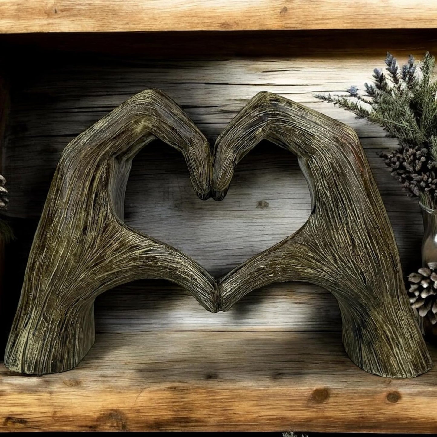 Top Brass Large Rustic Heart Hands Sculpture, 9 3/4” Resin Love Statue – Romantic Decor Accent for Shelf or Mantel – Perfect for Wedding, Valentine's Day or Anniversary (Rustic Wood Grain)