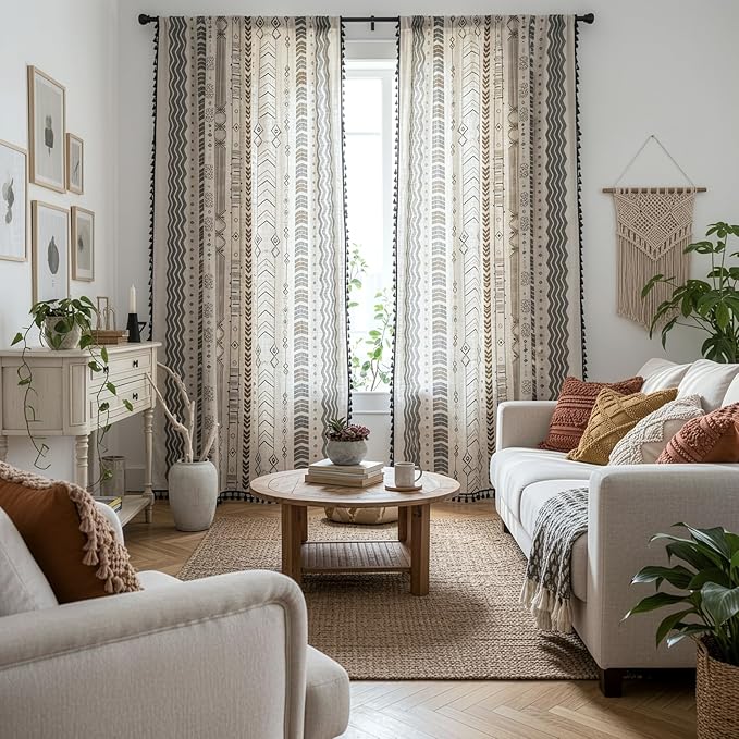ColorBird Boho Curtains 2 Panels Aztec Western Semi-Blackout Patterned Rod Pocket Window Treatment Decorative Drapes with Black Tassels for Living Bedroom Closet 63 inch Length
