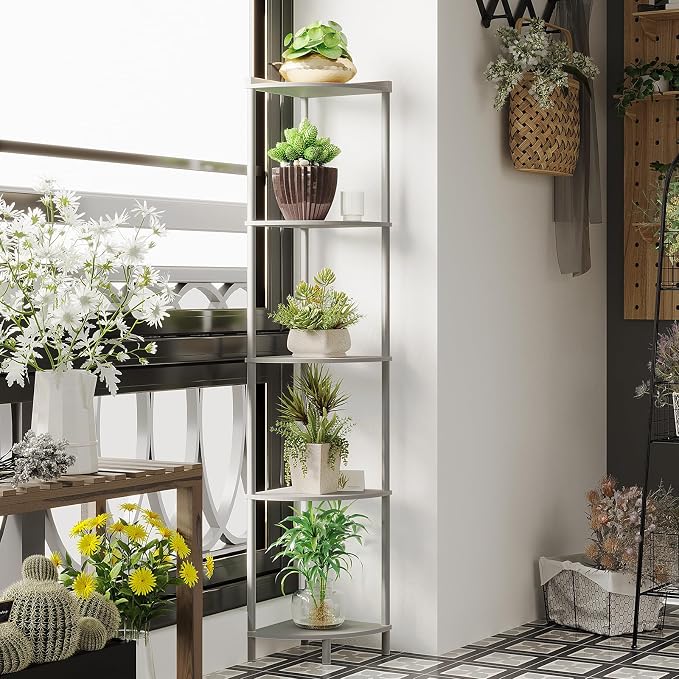 SUNMORY 5 Tier Corner Shelf Stand,Industrial 65" Corner Shelves Display Shelf for Living Room Decor,Wall Corner Bookshelf Multi Unit Organizer,Tall Shelf Plant Stand for Bedroom,Bathroom,Small Space