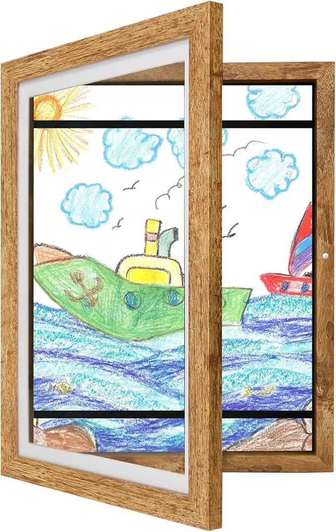iRahmen Kids Art Frames 10x12.5 - Front Opening Childrens Picture Frame Changeable, Wood Artwork Display Storage for Wall Mount, Magnetic Door Holds 50 Art Pieces for Drawings, 3D Picture, Crafts, Portfolio, Brown