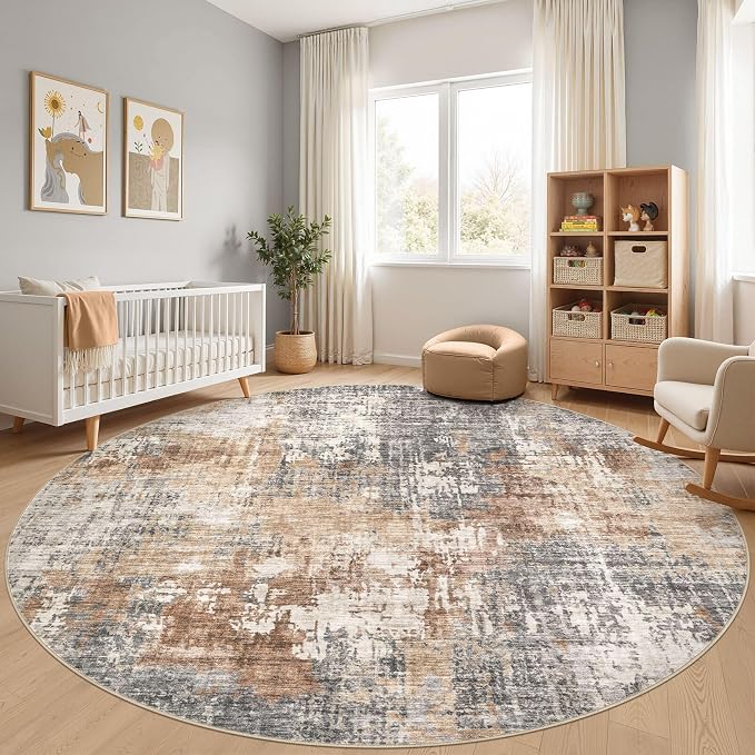 DMOYEST 10ft Round Area Rug Living Room Rugs - 10x10 Washable Circle Rug Large Soft Indoor Neutral Modern Abstract Low Pile Carpet for Bedroom Dining Room Farmhouse Home Office - Grey Brown