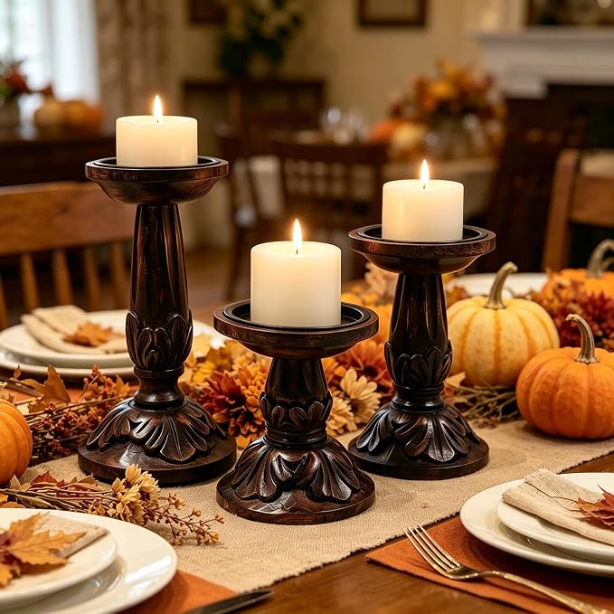 Hosley Set of 3 Wood Pillar Candle Holders 8", 6", 4.25" High Dark Brown Wooden Candlestick Set for Table Centerpiece Ideal for LED & Wax Candles, Rustic Home Decor, Wedding, Party, Spa, Reiki