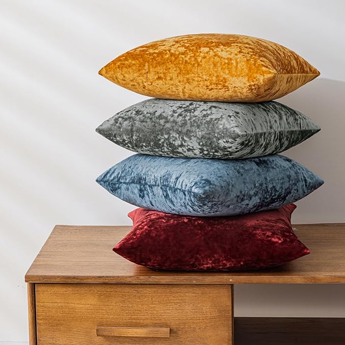 Set of 2 Blue Gray Decorative Velvet Throw Pillow Covers 24x24 Inches, Soft Neutral Accent Pillow Cases with Vintage Textured Farmhouse Couch Cushion Covers for Luxurious Home Decor