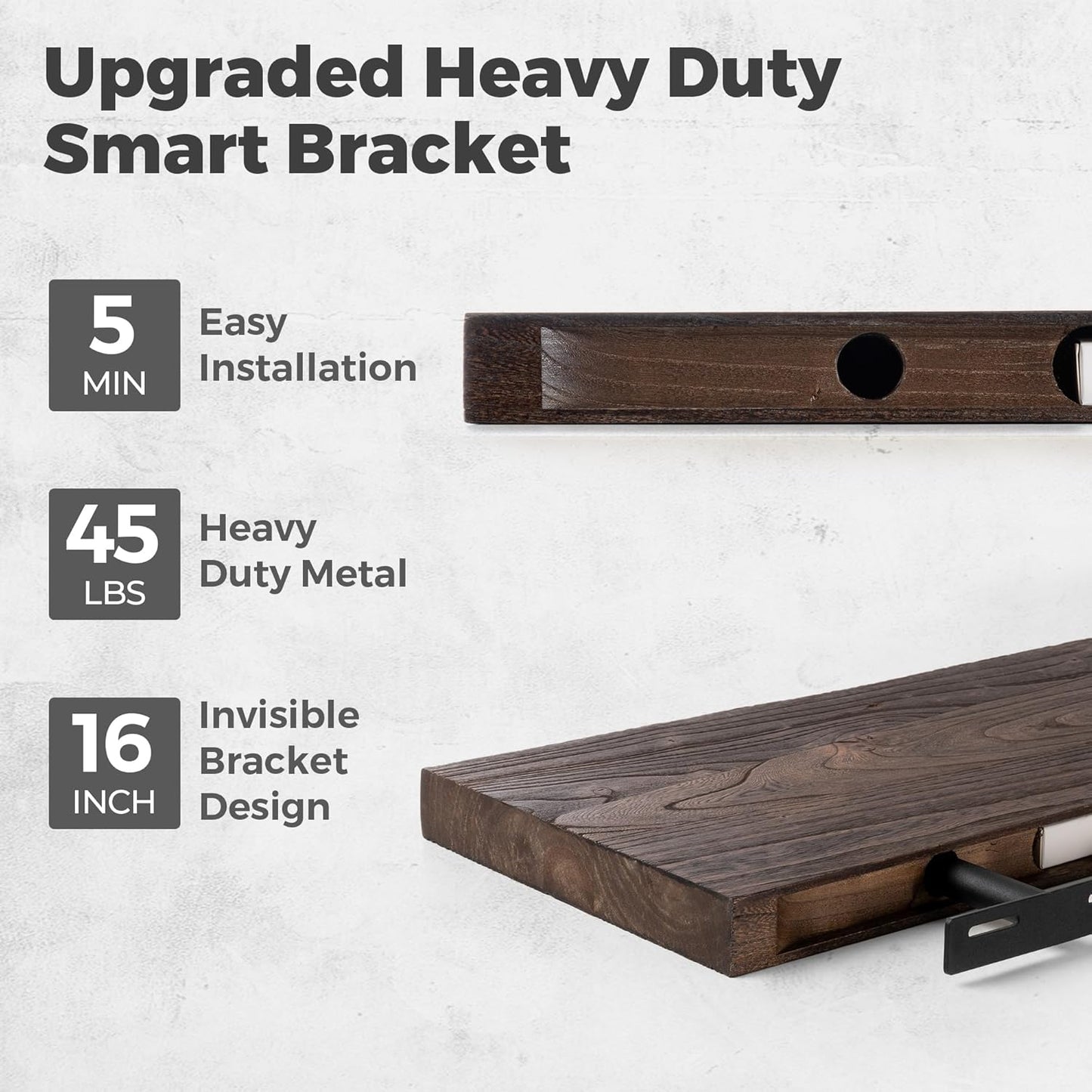 RICHFOCUS Live Edge Elm Floating Shelves - 24" W x 9.3" D Rustic Solid Wood Wall Shelves with Invisible Bracket, Wall-Mounted for Living Room, Bedroom, Kitchen Storage & Display, Set of 2, Walnut