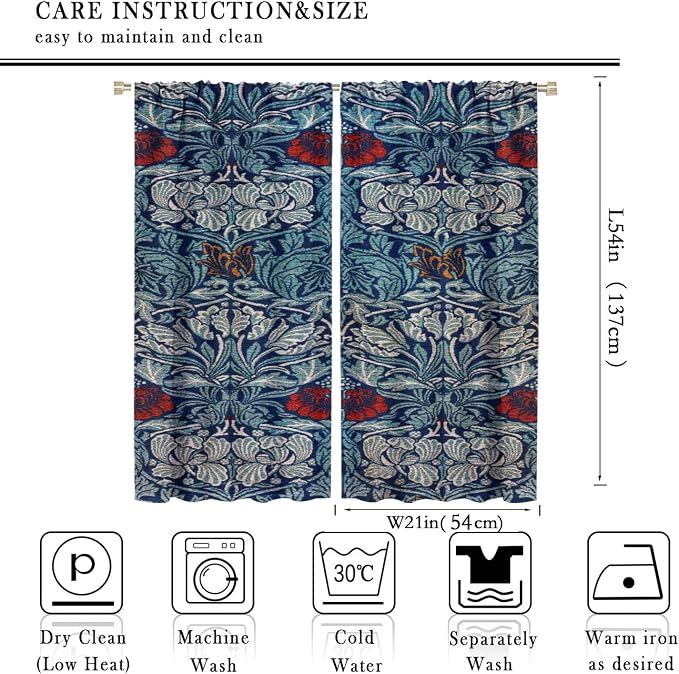Bohemian William Morris Retro Plant Floral Blackout Window Curtains, Flower Vintage Country Farmhouse Art Window Drapes, for Bedroom Living Room 21(W)*54(L) 2 Panels