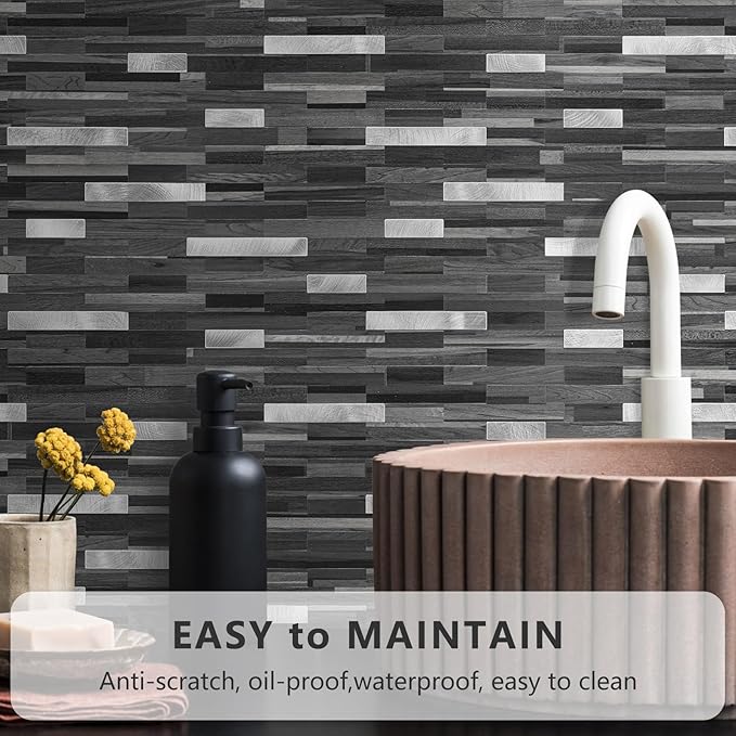 STICKGOO Peel and Stick Backsplash Tile, Stick on Backsplash for Kitchen and Bathroom, Black Grey Wood Look PVC Mixed Metal Silver Self Adhesive Wall Tiles(10 Sheets)