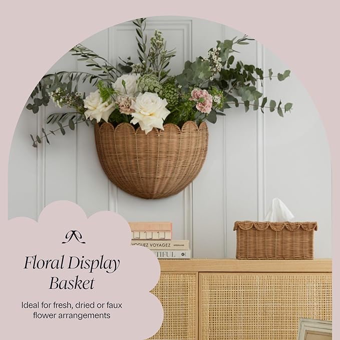 BEBE BASK The Original Scalloped Wicker Wall Basket – Set of 2 – Handwoven Scalloped Wall Baskets (16 x 10 x 7 in), Woven Rattan Wall Hanging Baskets - Mocca Scalloped Basket