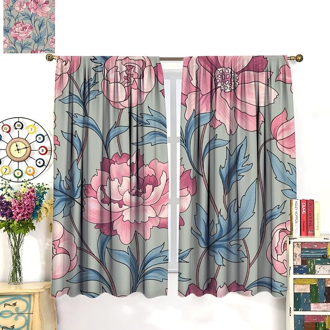 Floral Blackout Window Curtain, Flourish Ornamental Blossom Rose Style Print for Home Kitchen Livingroom Coffee Room Curtains Drapes 2 Panels 42x45 Inch