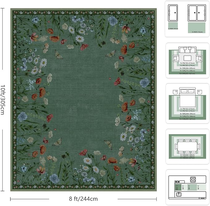 8x10 Area Rugs, Machine Washable Low Pile Floral Rugs for Living Room, Bedroom, Large Area Rug with Non-Slip Backing for Dining Room(Green)