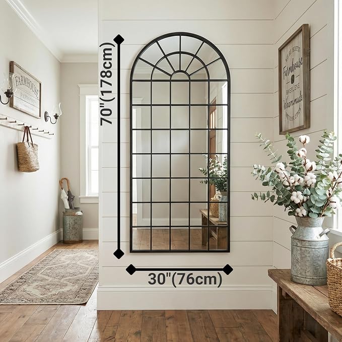 70x30Inch Large Arched Window Pane Mirror| Black Arched Mirrors for Wall & Floor | Arch Mirror Full Length for Entryway Living Room & Bedroom | Oversized Mirrors | Wall Art Decorative |Farmhouse Décor