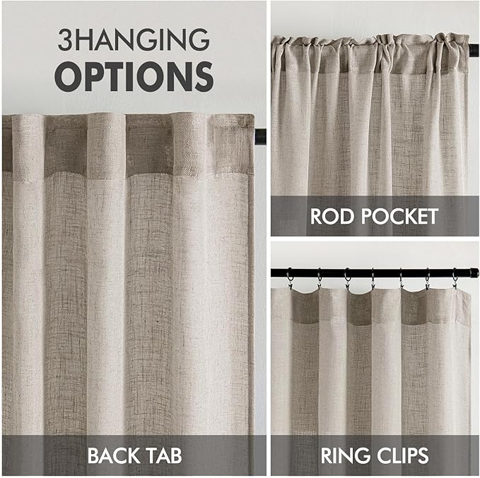 MIULEE Burlywood Birch Linen Curtains 63 Inch Length 2 Panels for Bedroom Living Room, Soft Linen Textured Window Drapes Semi Sheer Light Filtering Back Tab Rod Pocket Farmhouse Burlap Look Decor
