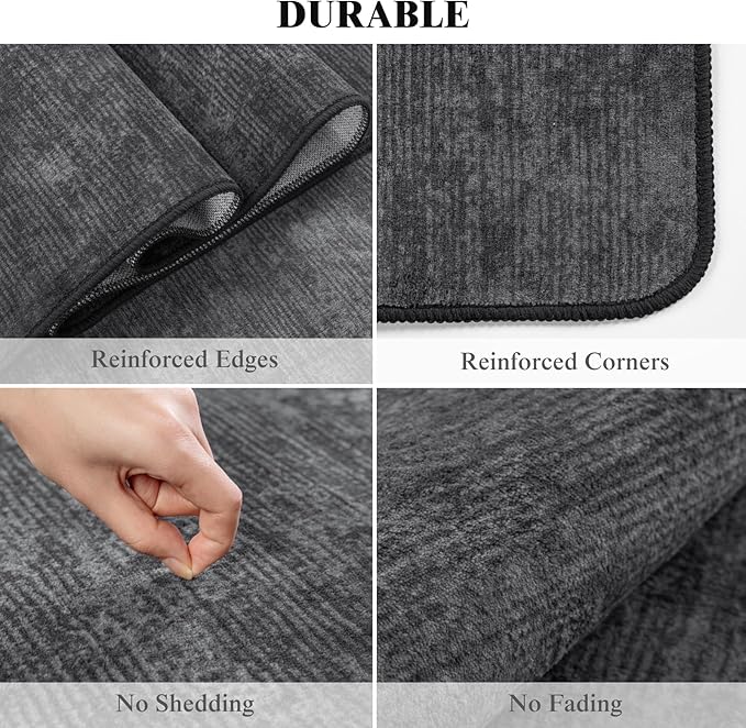 LIANLAM 10x12 Washable Rug, Black Solid Area Rugs for Living Room & Bedroom | Stain-resistant & Non-slip backing,Low Pile Washable Large Carpet, Solid Vintage Style For High Traffic Areas(10x12,Black)