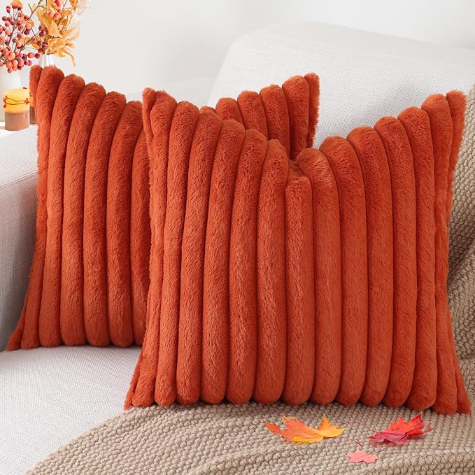 Pallene Faux Fur Plush Fall Throw Pillow Covers 16x16 Set of 2, Luxury Soft Fluffy Striped Decorative Pillow Covers for Sofa, Couch, Living Room, Rust