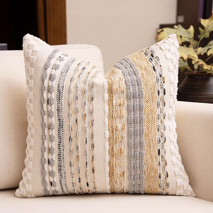 Boho Chenille Tufted Throw Pillow Covers 18x18 Inch Set of 2 Farmhouse Beige Woven Striped Decorative Pillowcases for Couch Sofa Bed