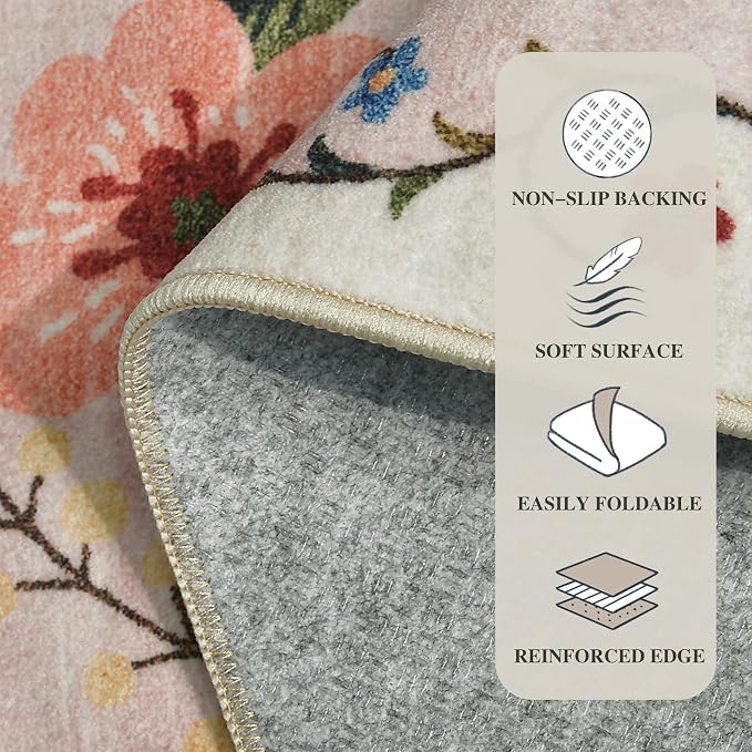 6ft Round Machine Washable Area Rug for Living Room, Beige Pink Vintage Boho Floral Rug Non-Slip Low Pile Soft Faux Wool Carpet Kids and Pets Friendly for Bedroom Nursery Farmhouse Home Decor Rug