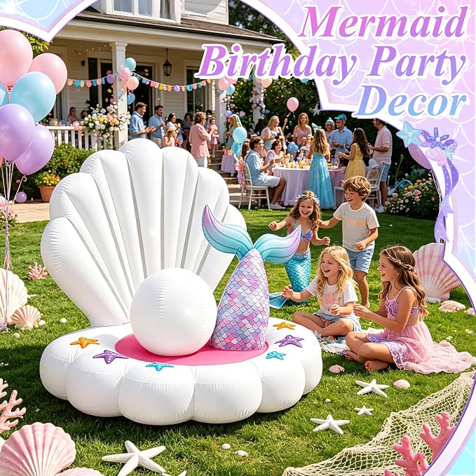 4.6FT Inflatable Seashell with Mermaid Tail for Summer Outdoor Decor, Blow Up Seashell Built-in 3 LED Lights for Mermaid Birthday & Pool Beach Ocean Party Decorations, Yard Garden Indoor Photo Props