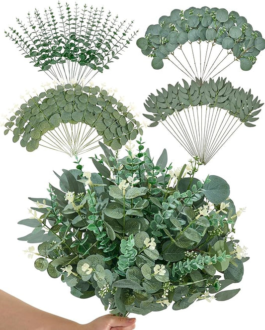Alecono 75pcs Mixed Eucalyptus Leaves Stems Bulk, 4 Kinds Artificial Greenery Stems Faux Sliver Dollar Fake Greenery for Centerpieces Wedding DIY Bouquets Floral Arrangement Party Decor