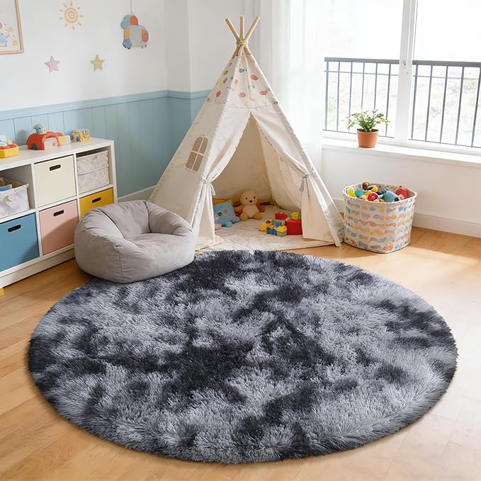 Tie-Dyed Black Fluffy Round Rug,Soft Area Rugs for Girls Room,Shaggy Rugs 3'X3' for Living Room,Non Slip Circle Rug for Kids Bedroom,Shag Plush Nursery Rug,Plush Carpet for Dorm,Cute Furry Room Decor