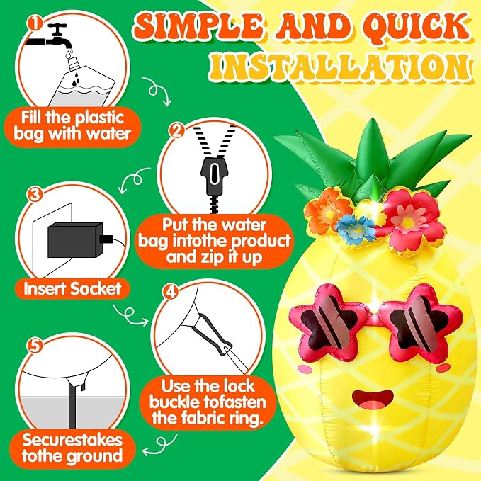 5FT Summer Inflatable Pineapple Outdoor Decor, Blow Up Pineapple Built-in LED Lights, Giant Inflatable Decorations for Tropical Pool Beach Party Photo Backdrop Yard Lawn Hawaiian Luau Party Supplies