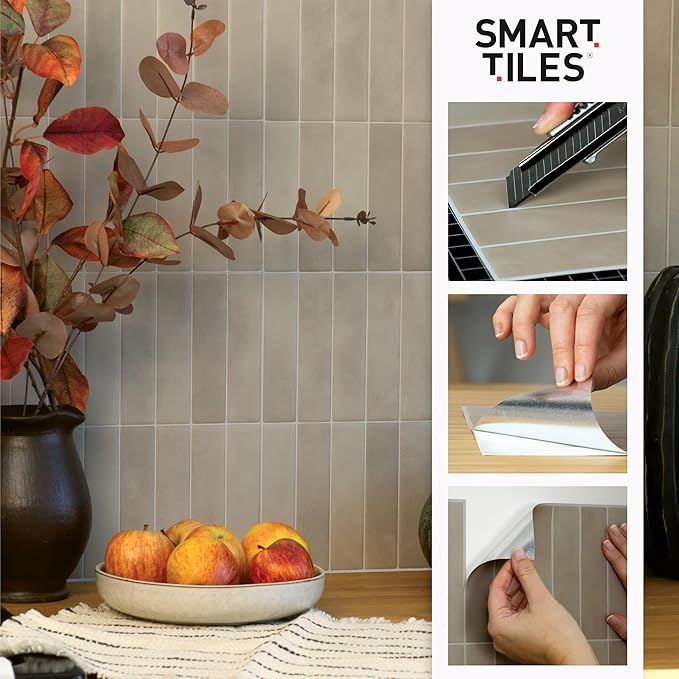 Smart Tiles Peel and Stick backsplash, Stacked Olive Green, 11.43"x9" | Pack of 5 (3.5 sq ft), Matte, Heat/Moisture Resistant, Low VOC, Kitchen/Bathroom, Renter Friendly, Made in Canada