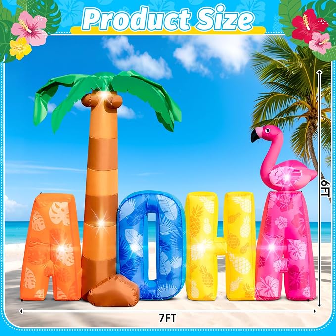 7FT Inflatable Aloha with Palm Tree Flamingo for Luau Party Decorations, Blow Up Aloha Sign Built-in 7 LED Lights for Summer Outdoor Decor, Hawaiian Beach Pool Yard Garden Birthday Photo Backdrop