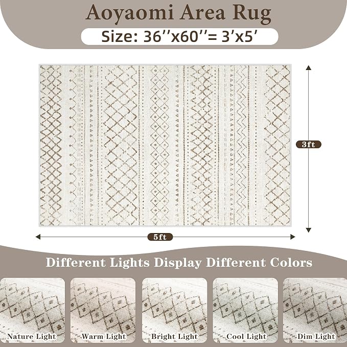 Area Rug 3x5 Geometric Rug: Washable Boho Moroccan Rugs Soft Farmhouse Rug, Modern Neutral Stain Resistant Indoor Floor Carpet for Livingroom Bedroom Dining Table Nursery(Brown,3X5)