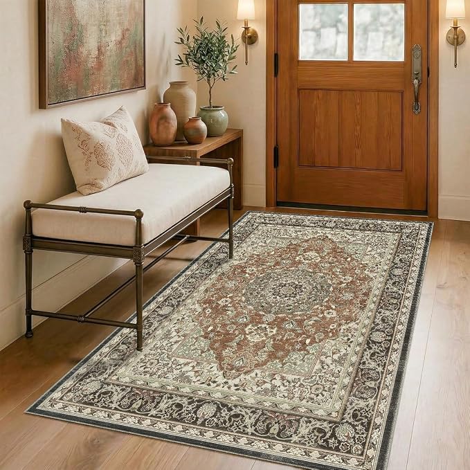 3x5 Area Rug for Living Room-Vintage Farmhouse Boho Floral Neutral Washable Stain Resistant Indoor Carpet for Bedroom Office and Home Decor(Brick&Brown)